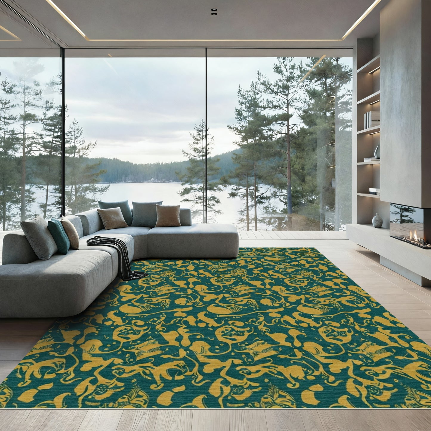 Teal Gold Abstract Swirl Animal Rug