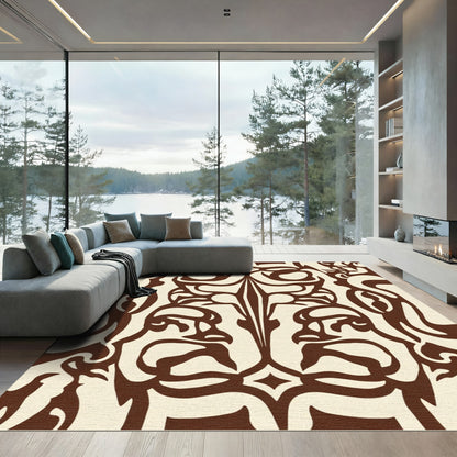 Brown Cream Ornate Face Scroll Rug