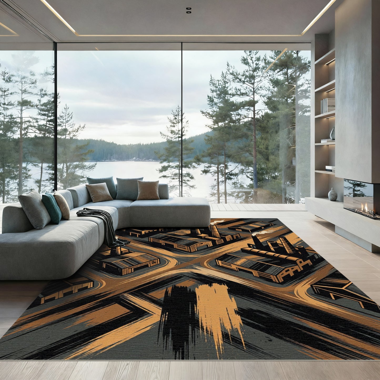 Industrial Charcoal and Amber Factory Landscape Rug