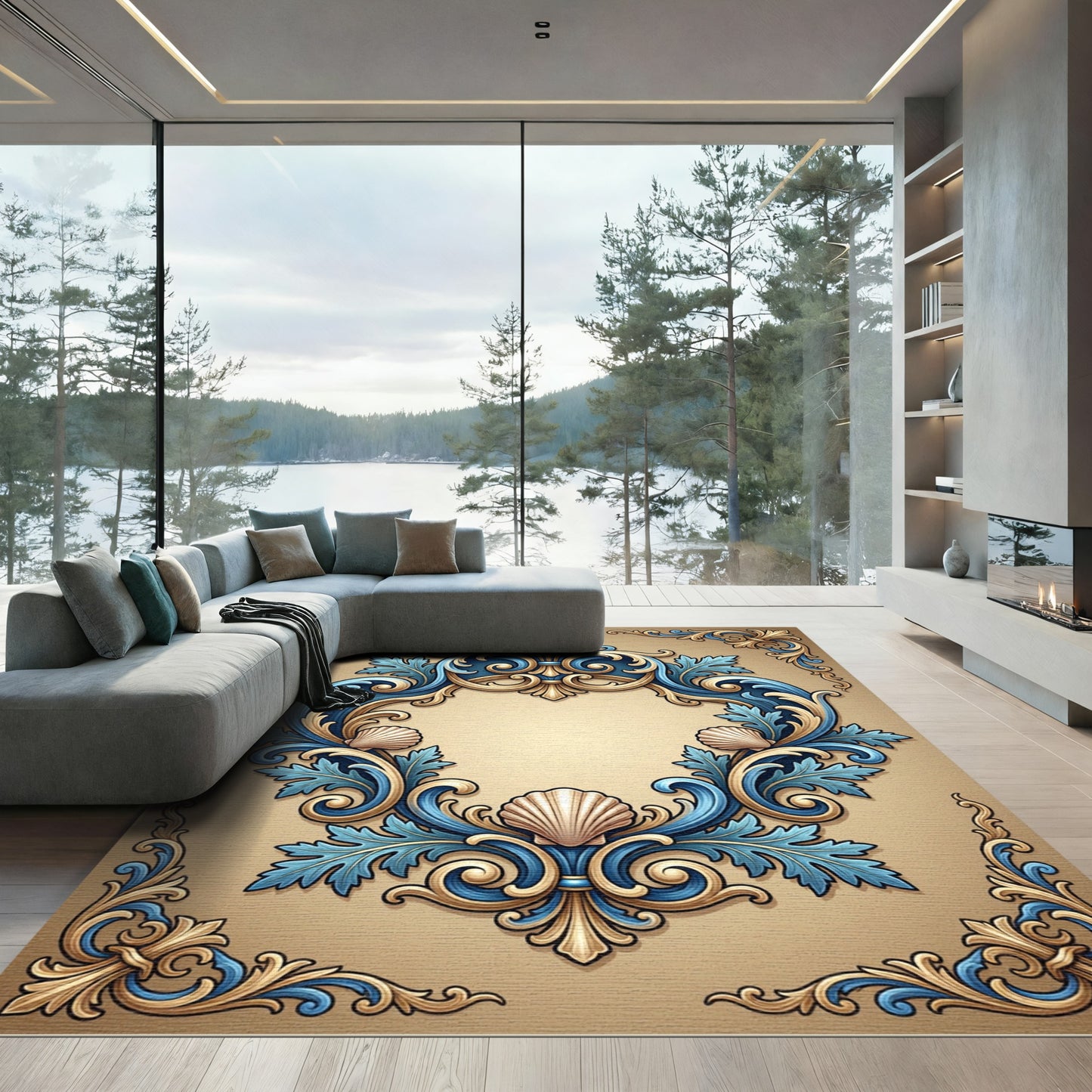 Ornate Baroque Blue Golden Shell Frame Rug