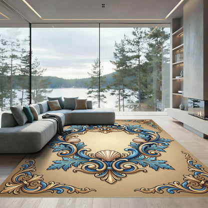 Ornate Baroque Blue Golden Shell Frame Rug