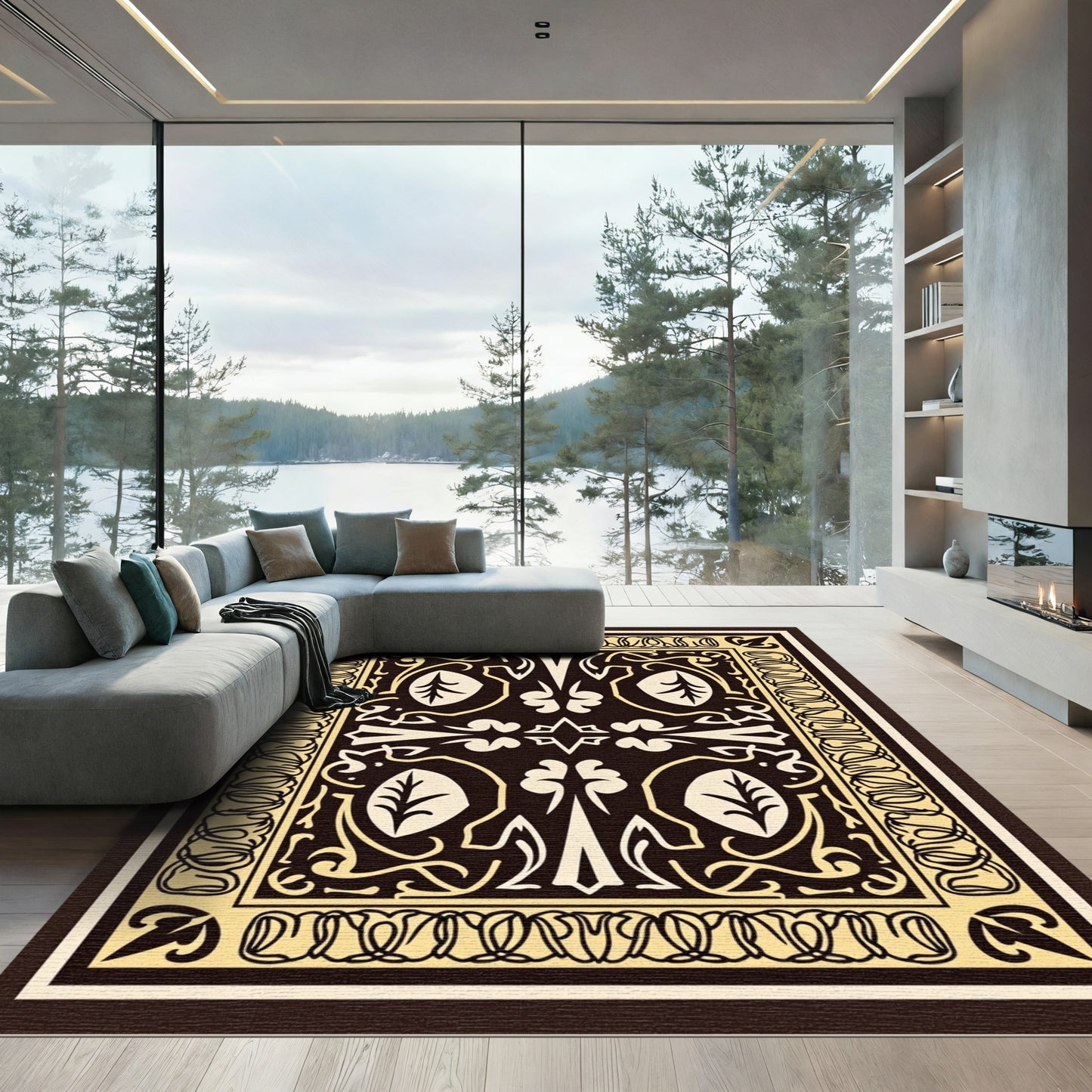 Dark Cream Ornamental Scrollwork Rug