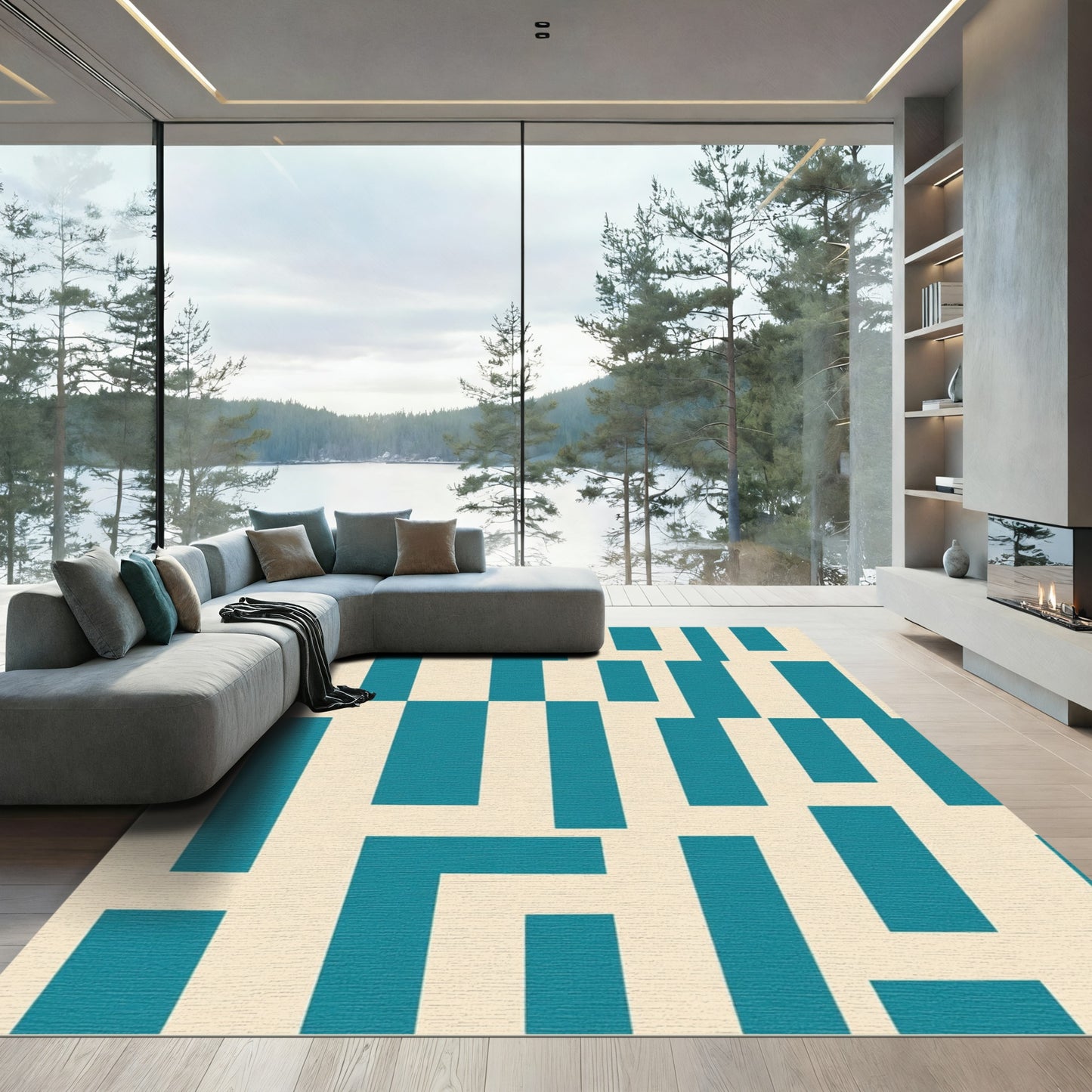 Teal Off White Abstract Geometric Blocks Rug