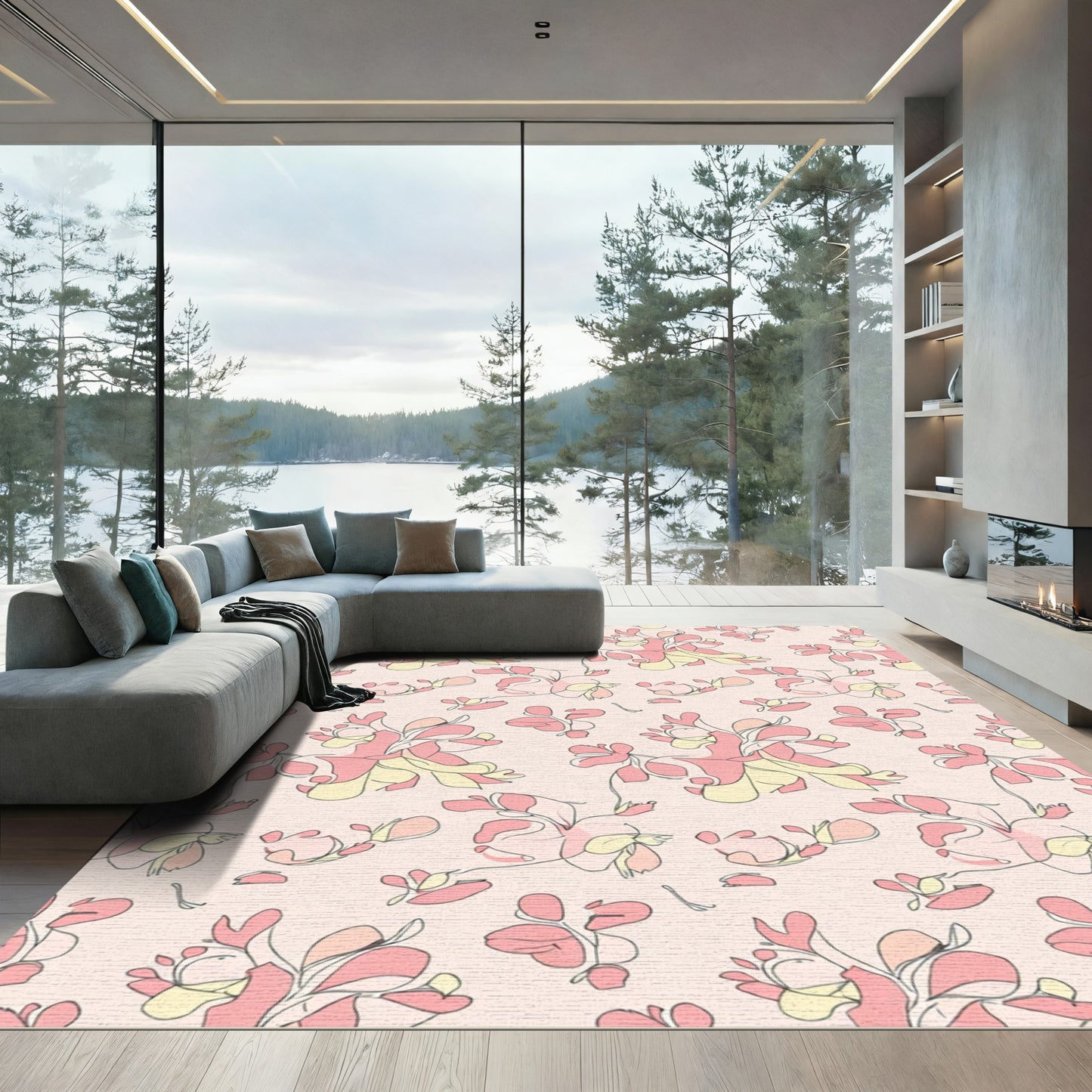 Pink Yellow Floral Line Art Rug