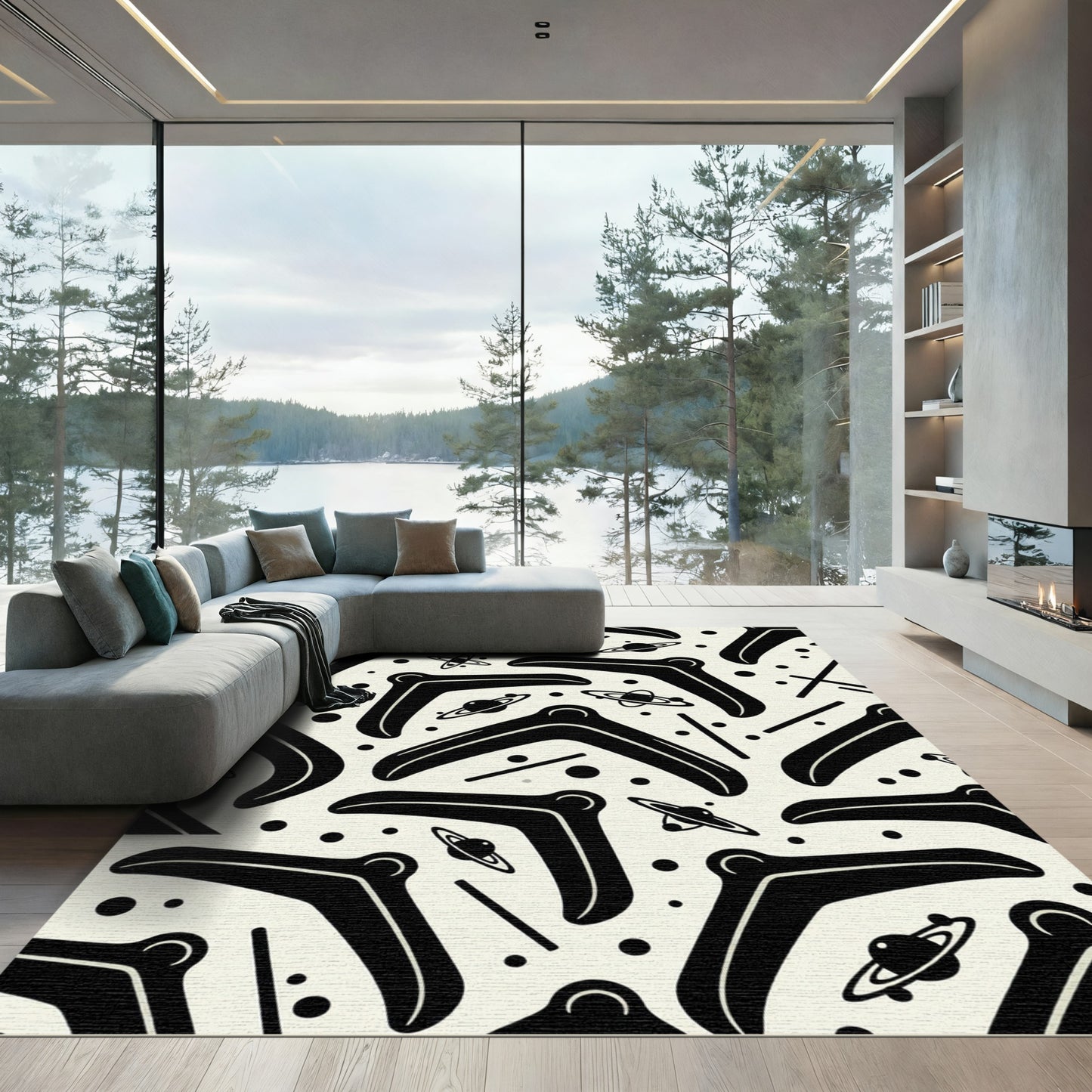Retro Black Boomerang Space Odyssey Rug