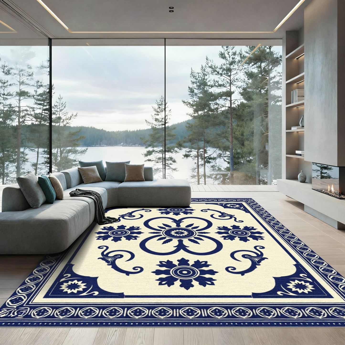 Ornate Blue Ivory Floral Medallion Border Rug