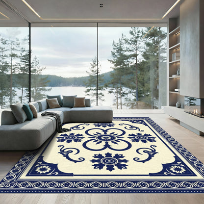 Ornate Blue Ivory Floral Medallion Border Rug