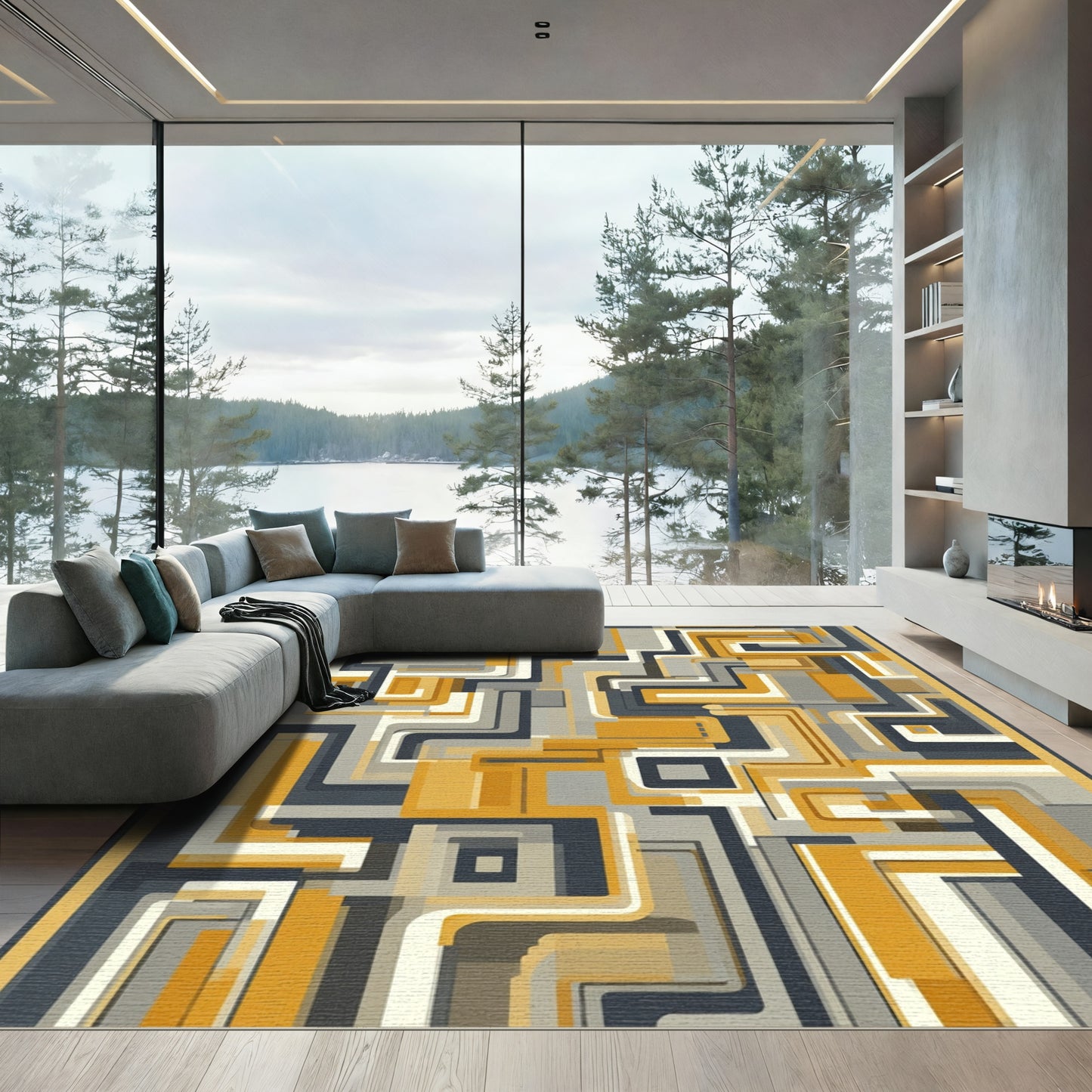 Golden Gray Geometric Maze Rug