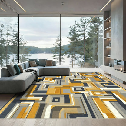 Golden Gray Geometric Maze Rug