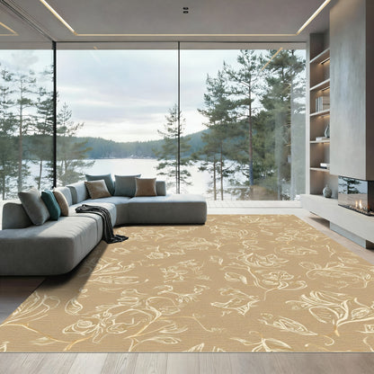 Tan Floral Sketch Overlay Rug