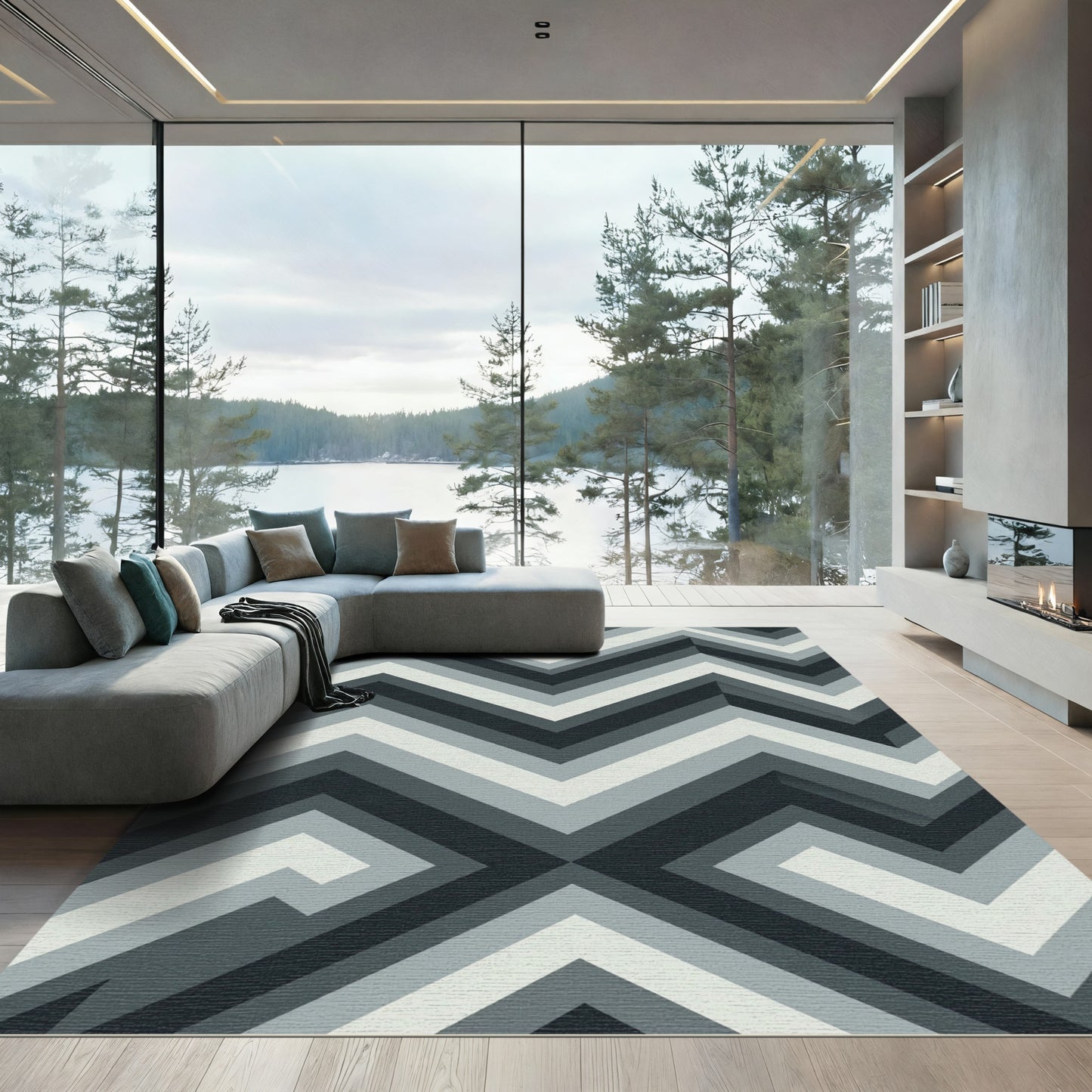 Modern Monochrome Gray Chevron Zigzag Rug