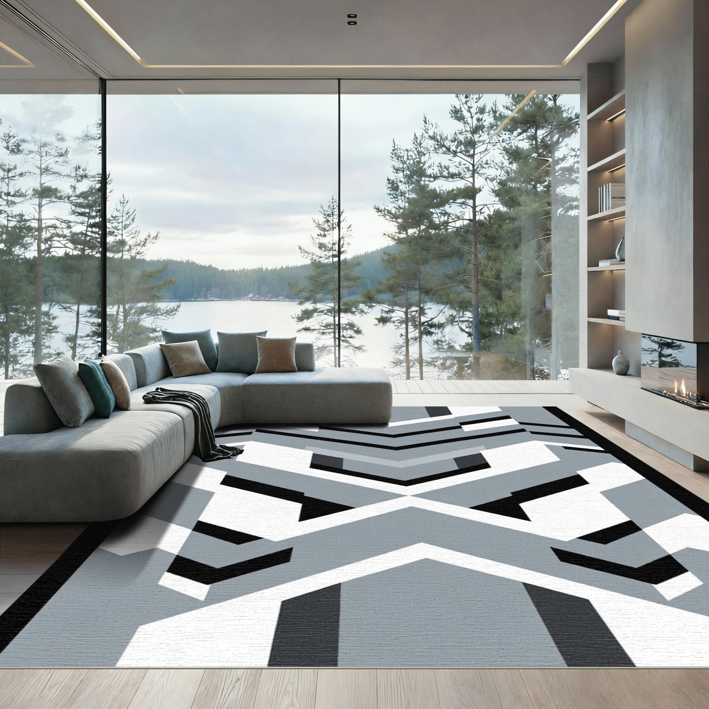 Monochromatic Geometric Chevron Arrangement Rug