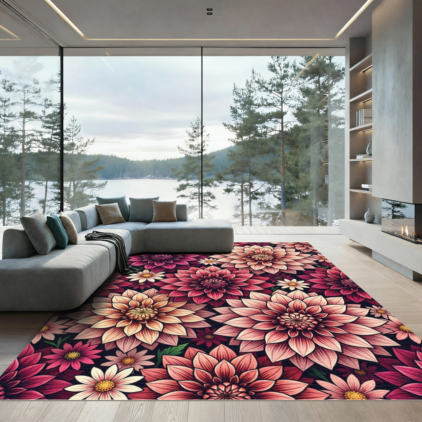 Vibrant Crimson Peach Floral Bloom Rug