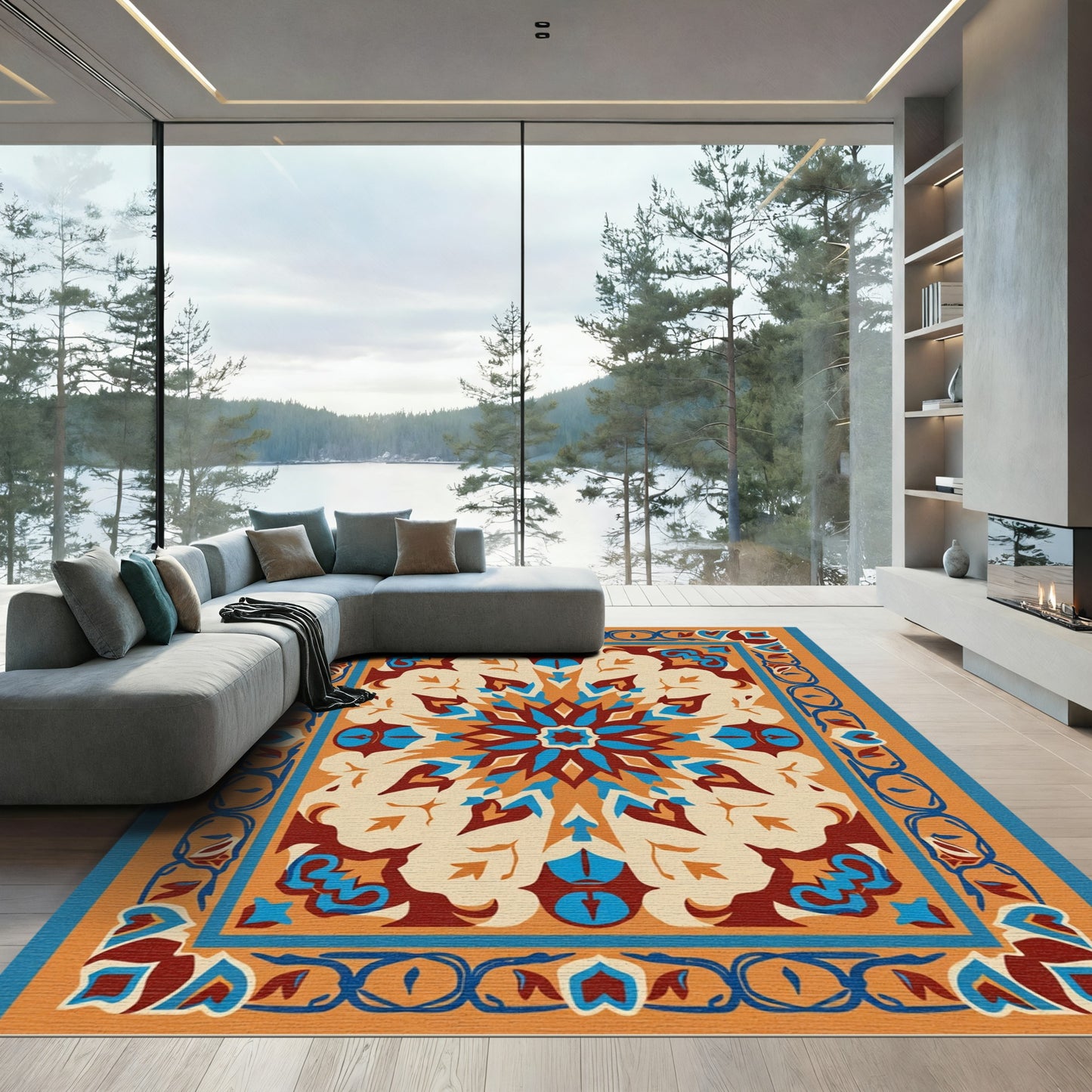 Orange Blue Medallion Geometric Border Rug
