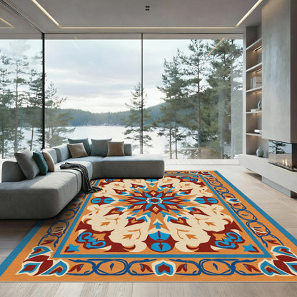 Orange Blue Medallion Geometric Border Rug
