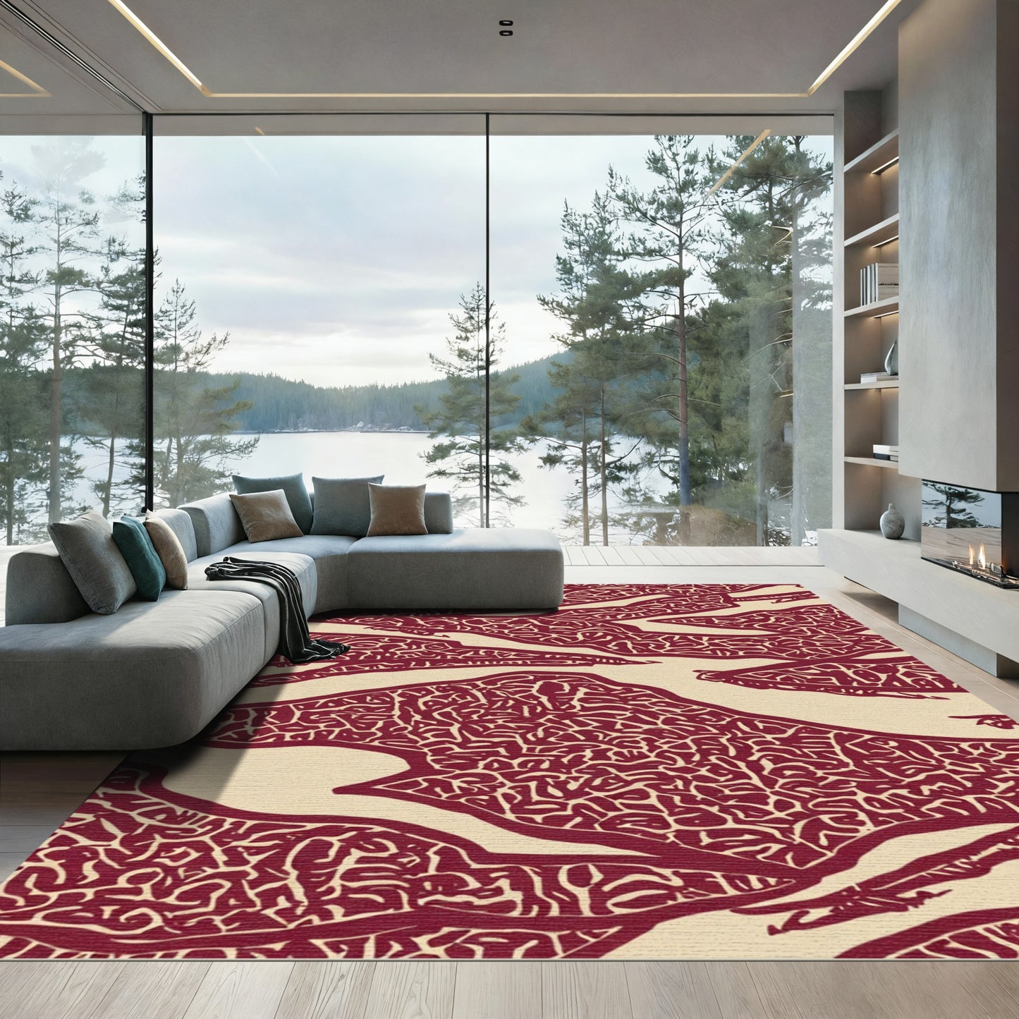 Maroon Cream Abstract Organic Texture Rug