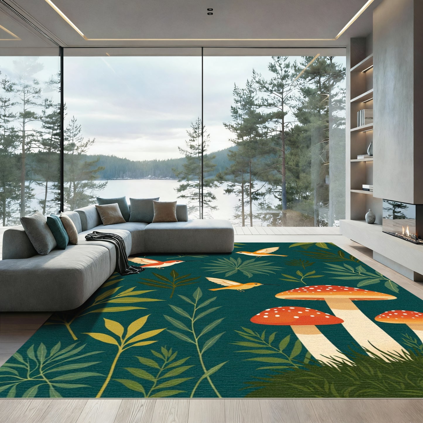 Enchanted Forest Hummingbirds and Mushrooms Rug