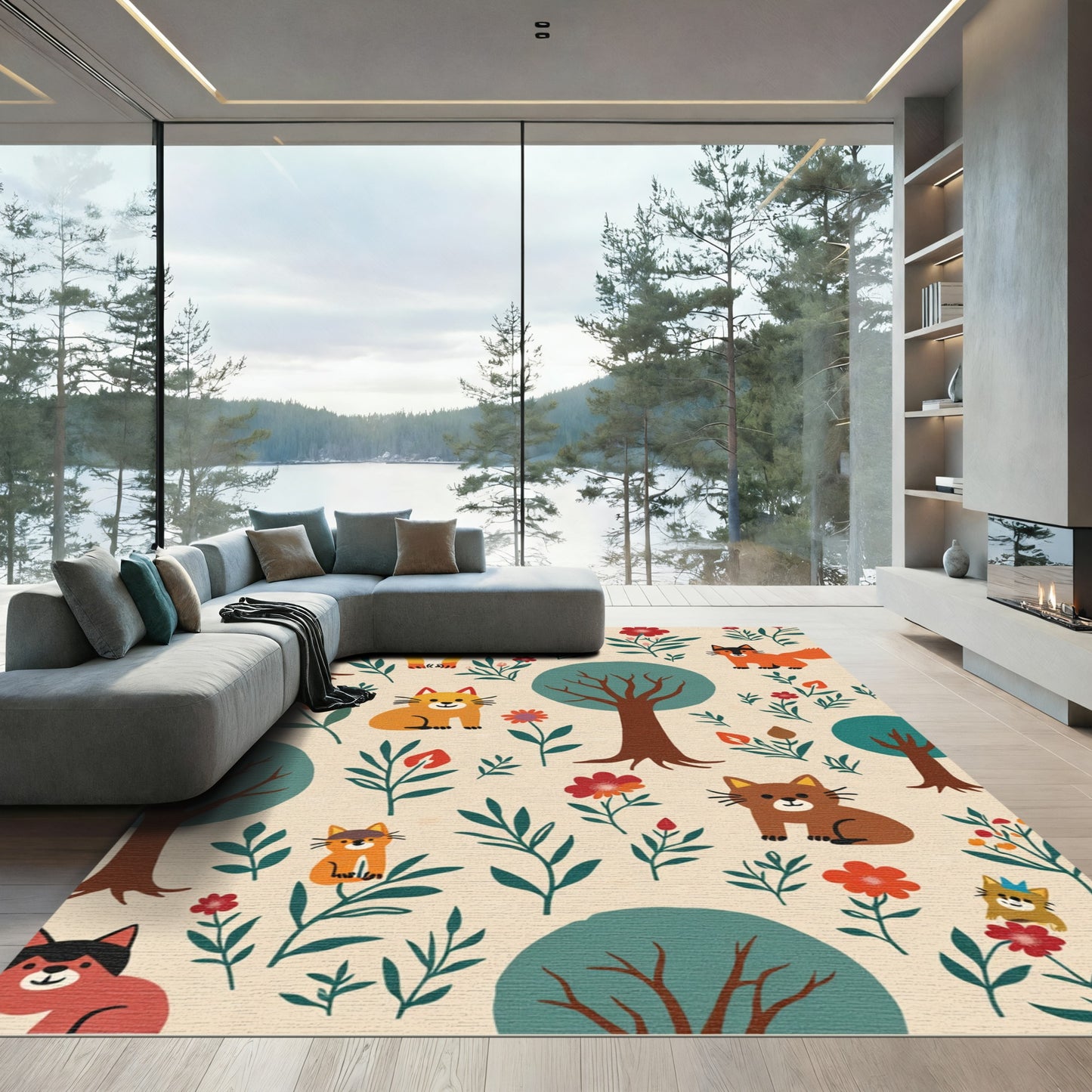 Sunny Woods Cats Orange Flowers Rug