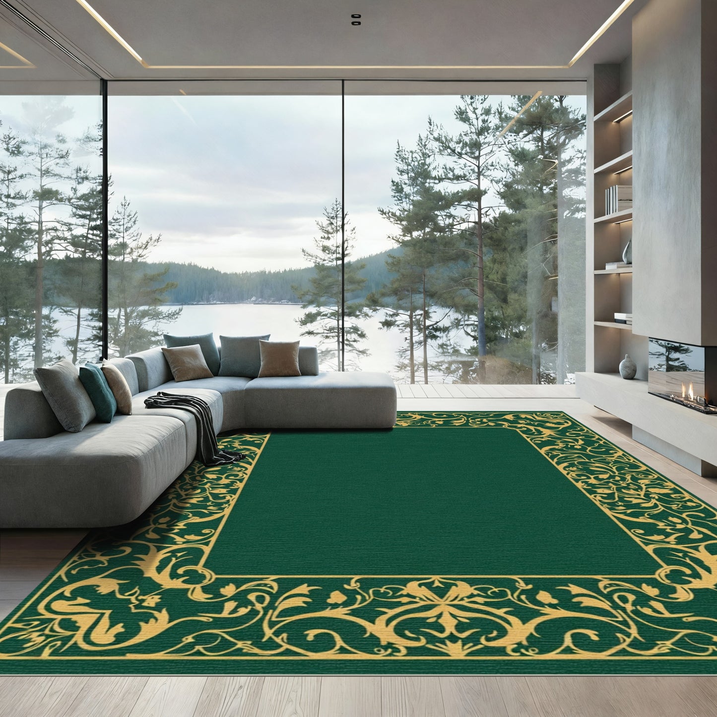 Emerald Golden Vine Scroll Border Rug