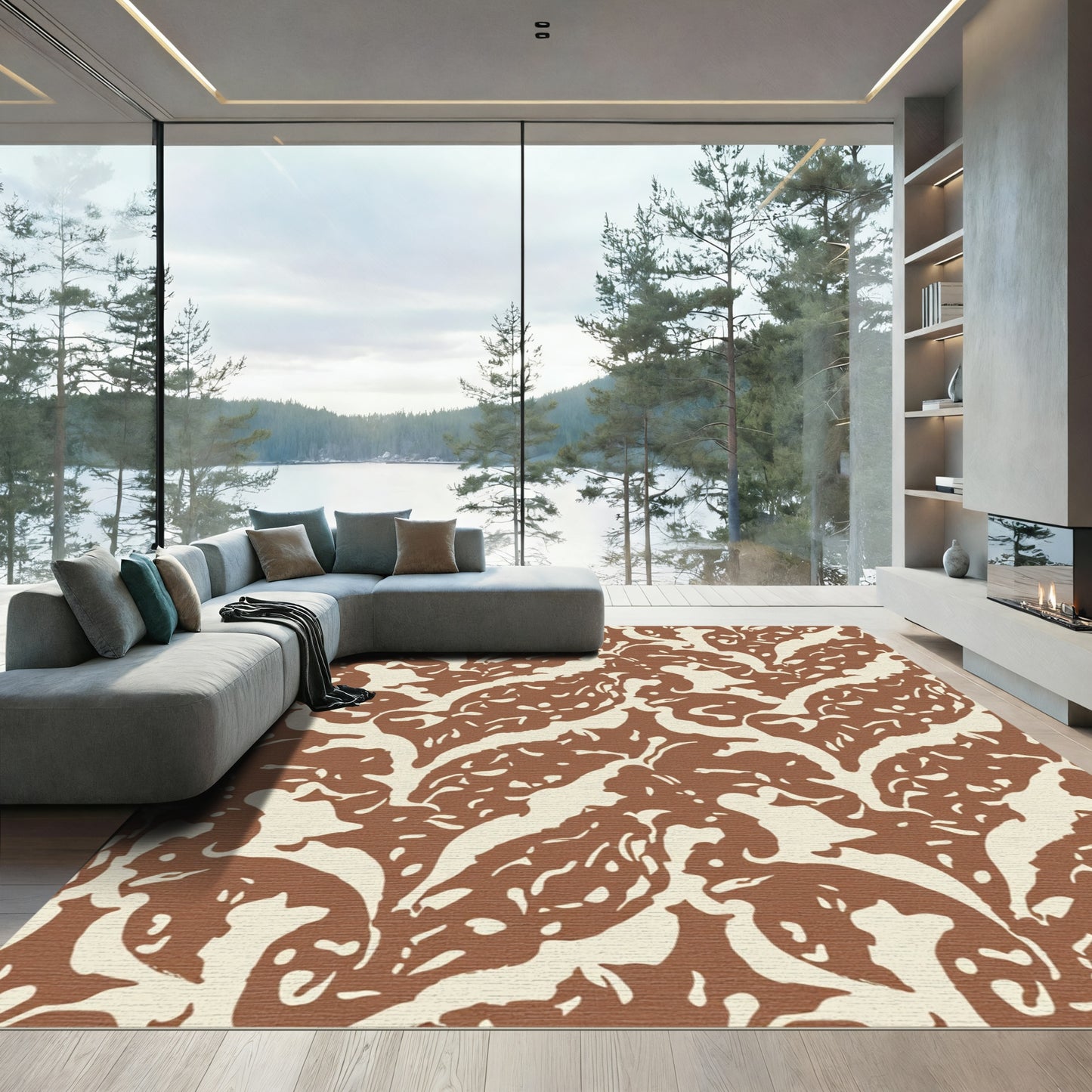 Terracotta Cream Organic Leaf Swirl Rug