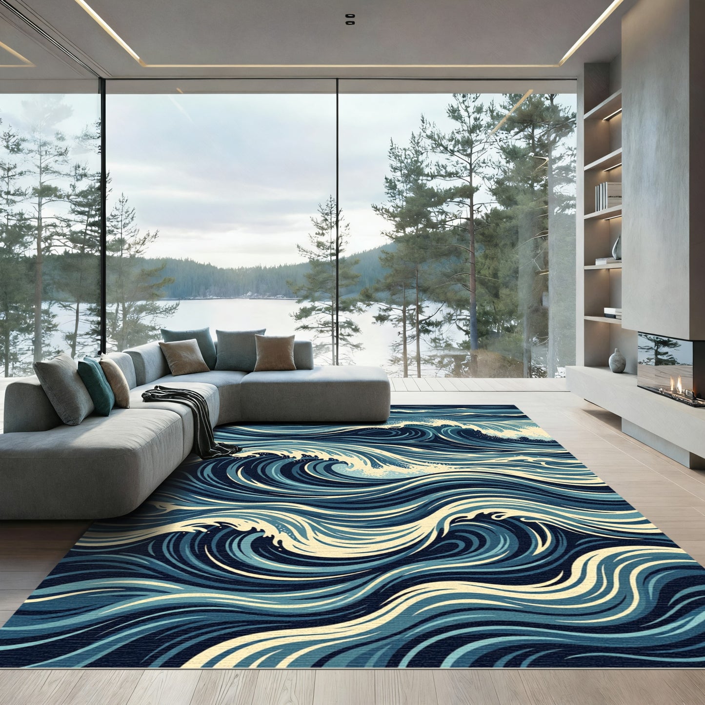 Deep Blue Abstract Ocean Waves Rug