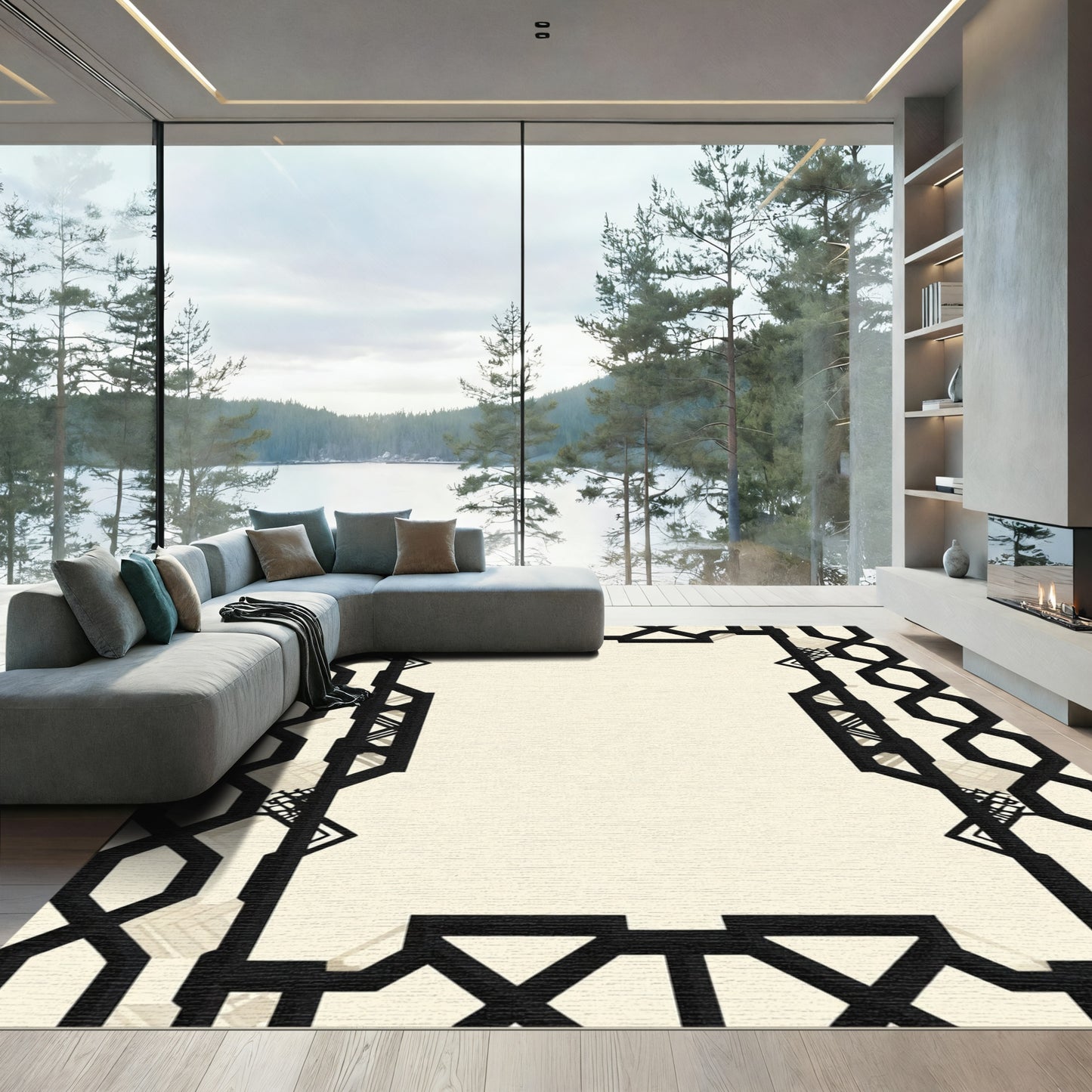 Black Ivory Geometric Art Deco Frame Rug