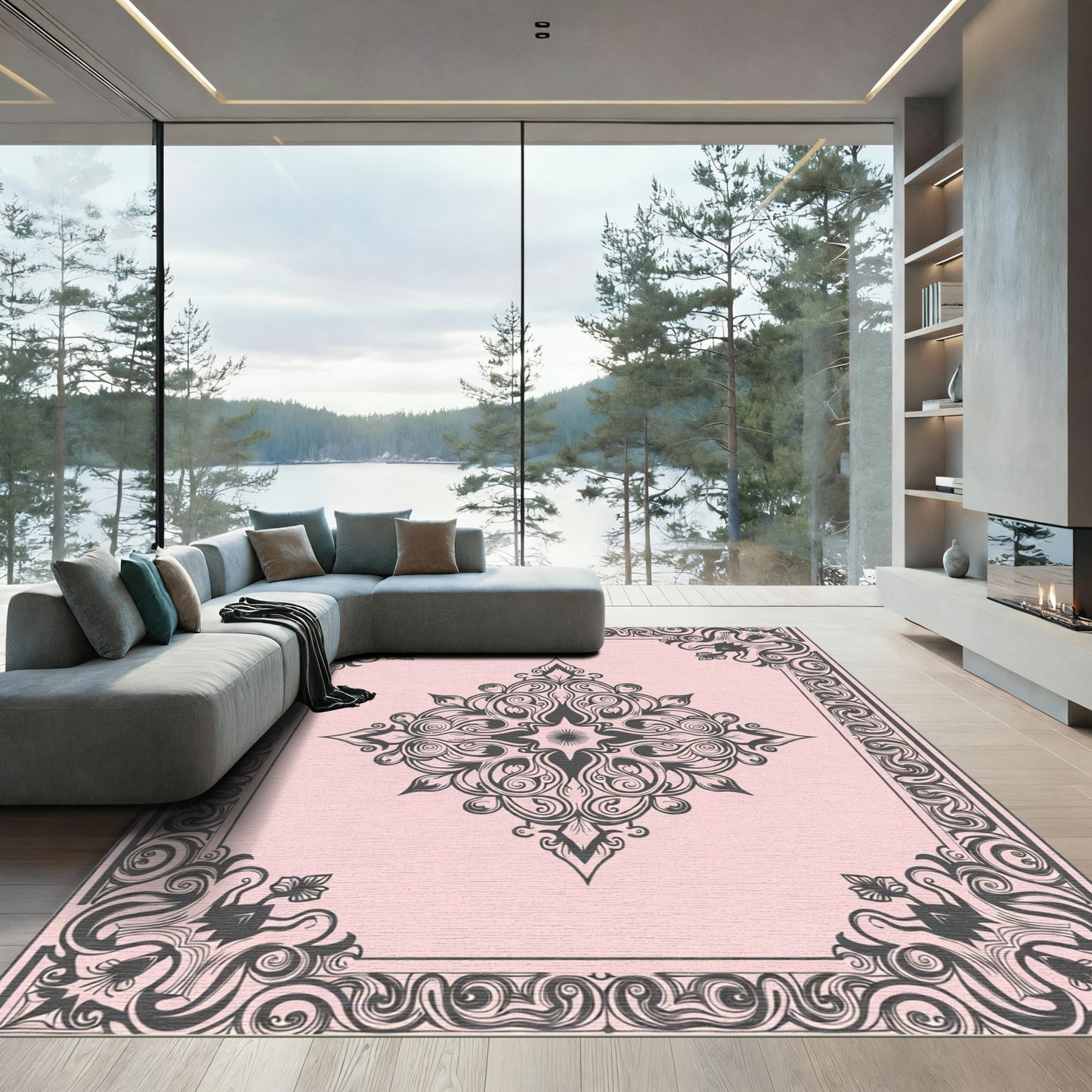 Ornate Gray Blossom Mandala Charm Rug