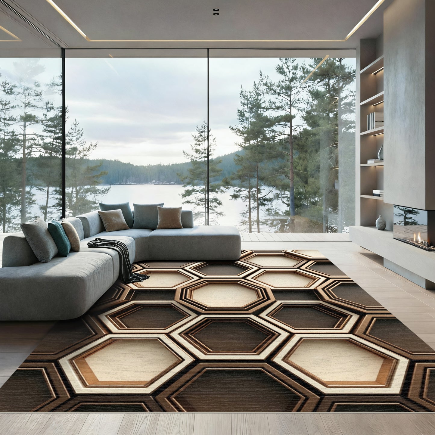 Sophisticated Bronze Metallic Geometric Hexagon Rug
