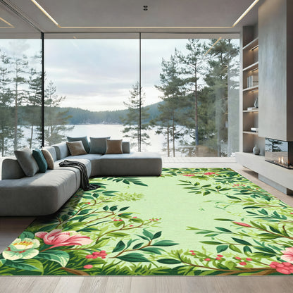 Lush Pink Blossom Greenery Border Rug