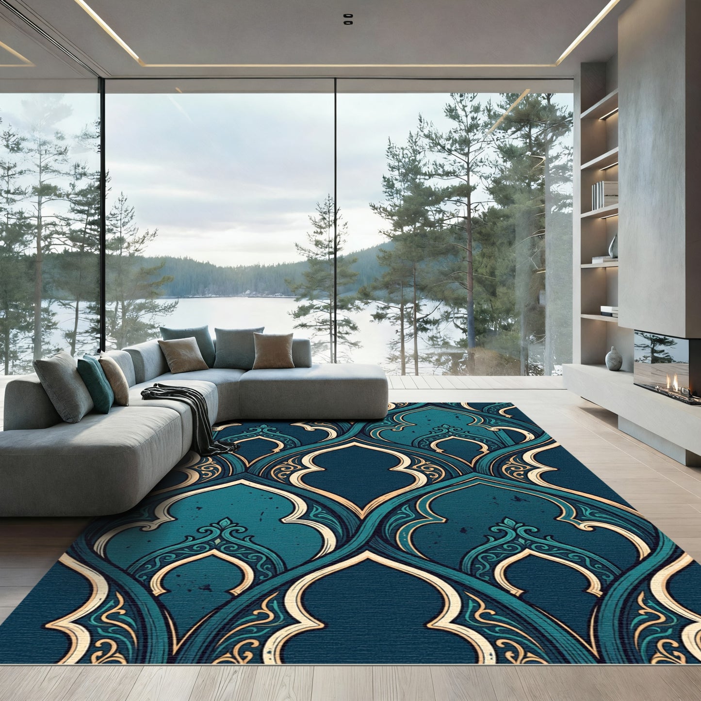 Teal Archway Scroll Ornate Tapestry Rug