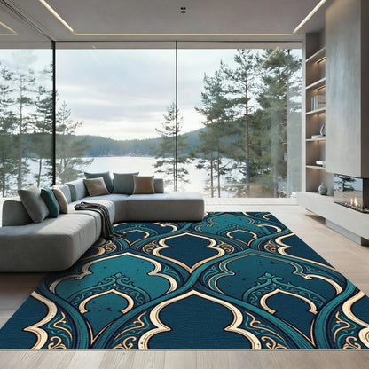 Teal Archway Scroll Ornate Tapestry Rug