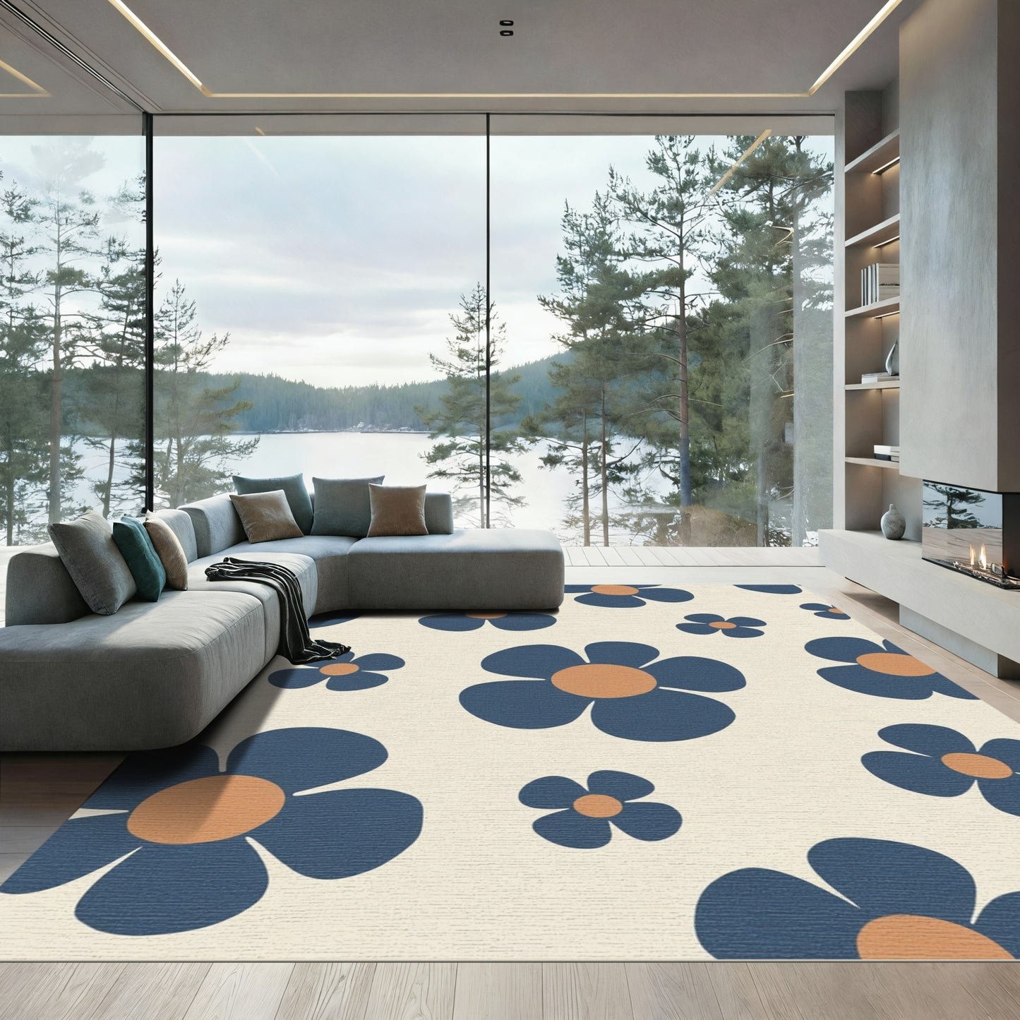 Retro Blue Flower Garden Rug