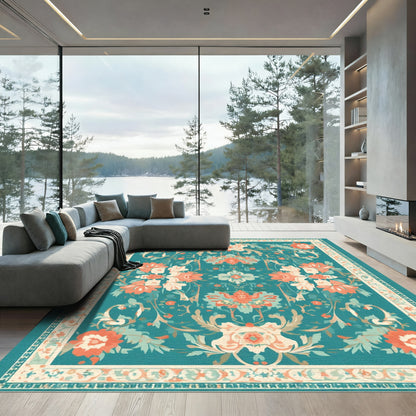 Teal Coral Floral Scroll Harmony Rug