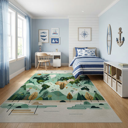 Teal World Map Forest Mountains Rug