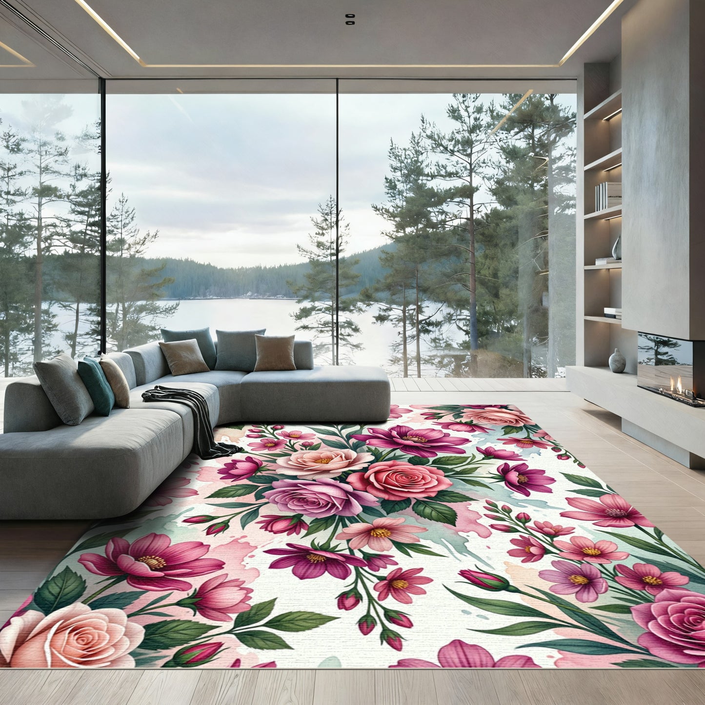 Vibrant Pink Rose Floral Medley Rug