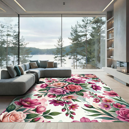 Vibrant Pink Rose Floral Medley Rug