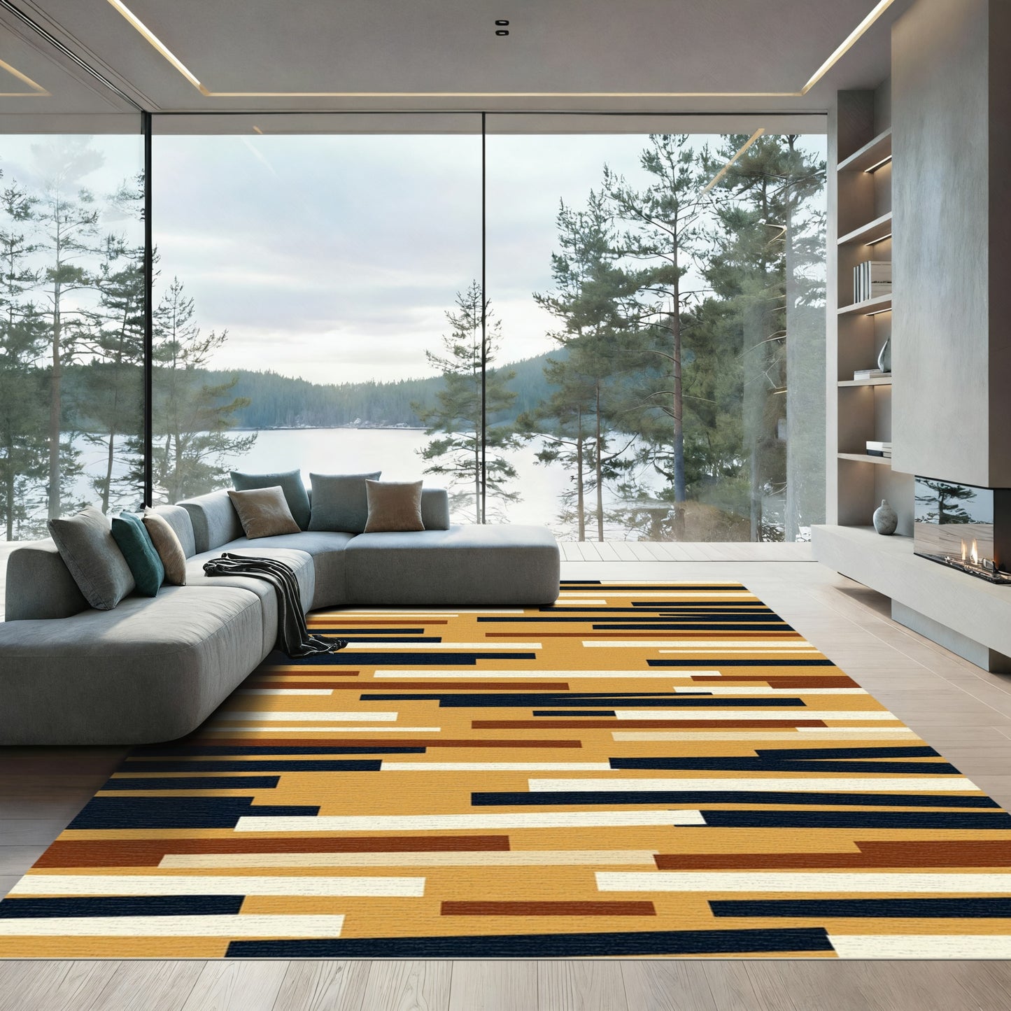 Abstract Gold And Navy Stripe Rug