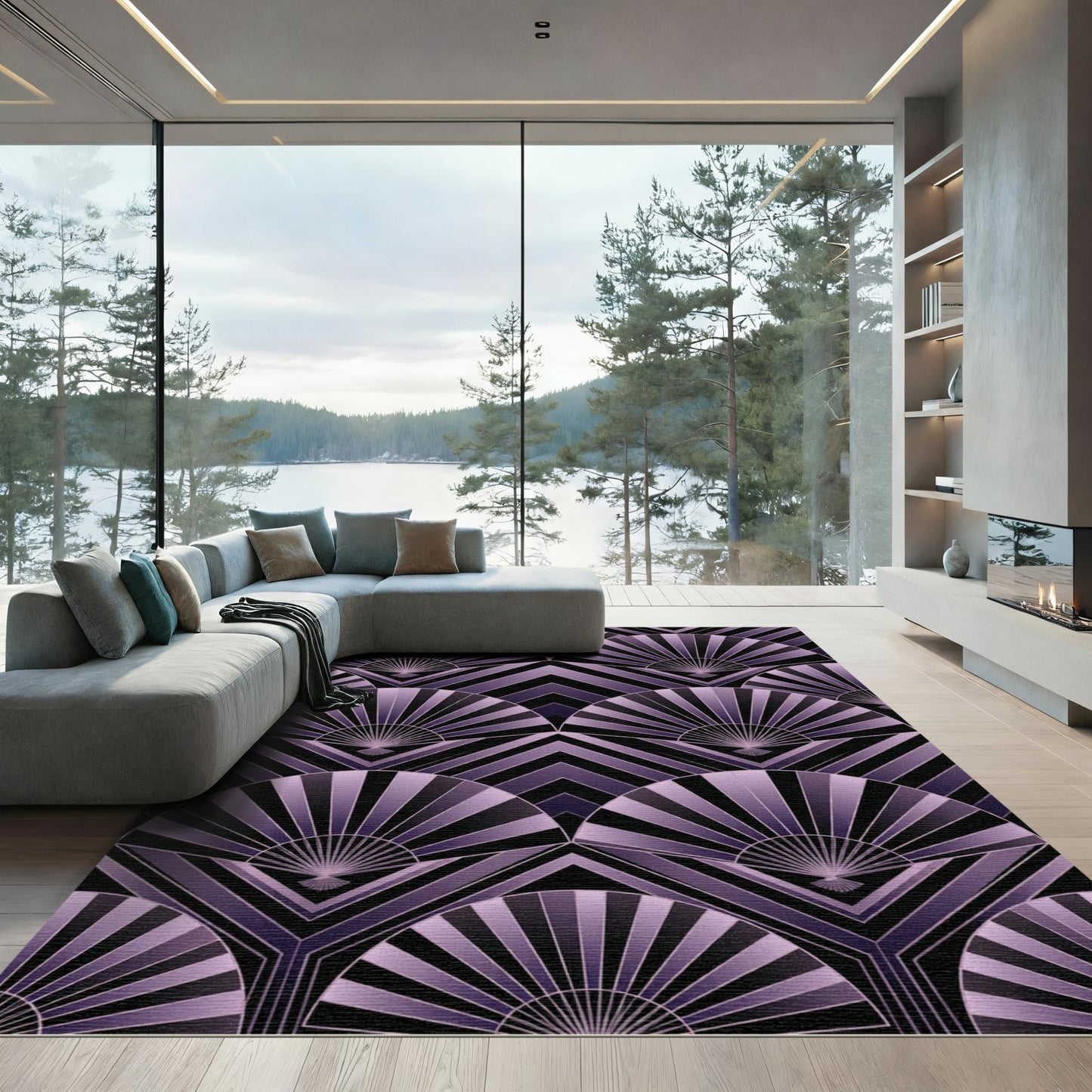 Art Deco Lavender Fan Geometric Rug