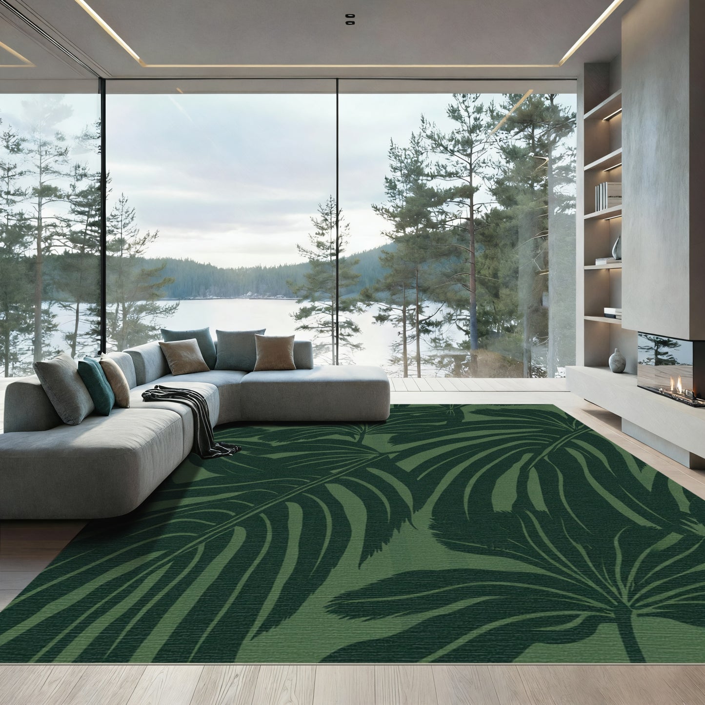 Dark Green Tropical Leaf Stripe Rug