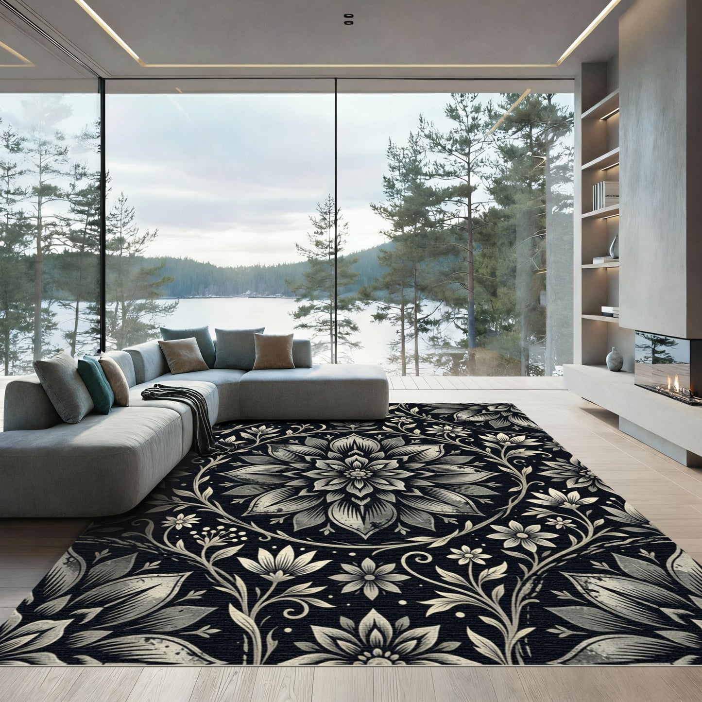 Antique Black Floral Scroll Rug
