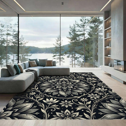Antique Black Floral Scroll Rug