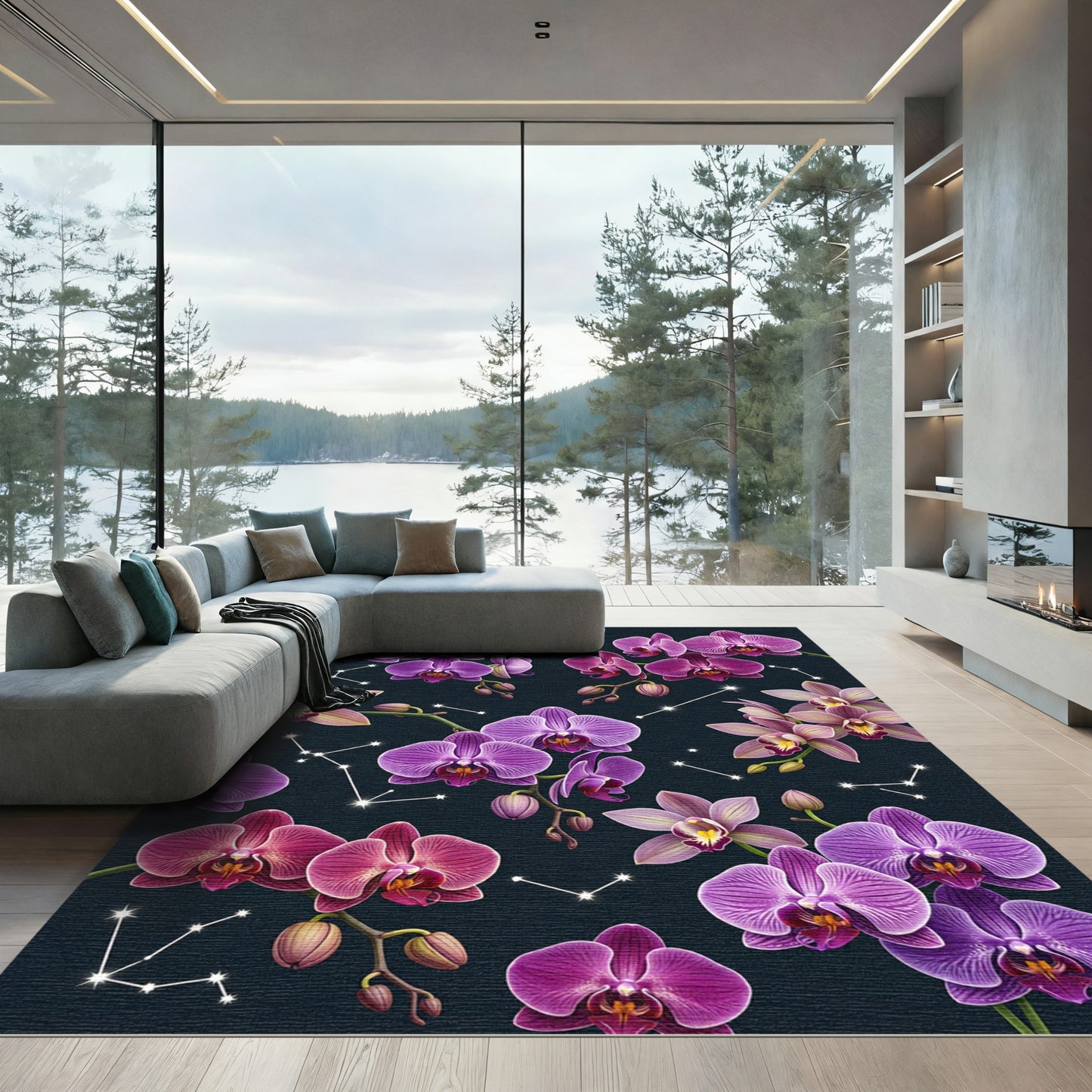 Celestial Purple Orchid Constellation Art Rug