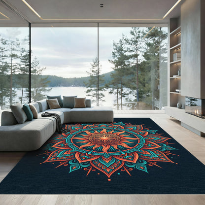 Radiant Sun Mandala Teal Orange Rug