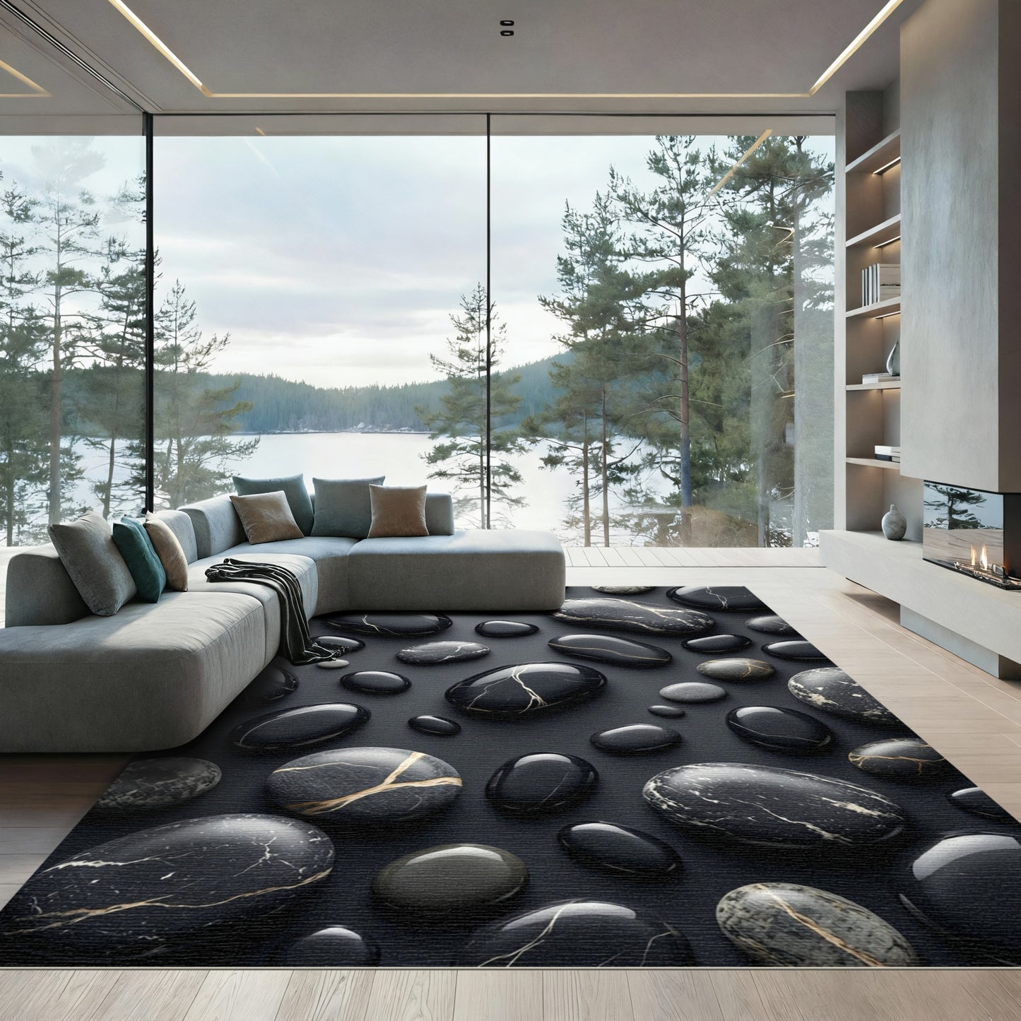 Elegant Black Gray Marble Stones Rug
