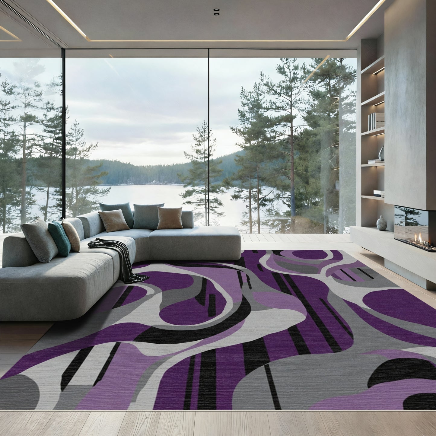 Purple Gray Abstract Flowing Shapes Rug
