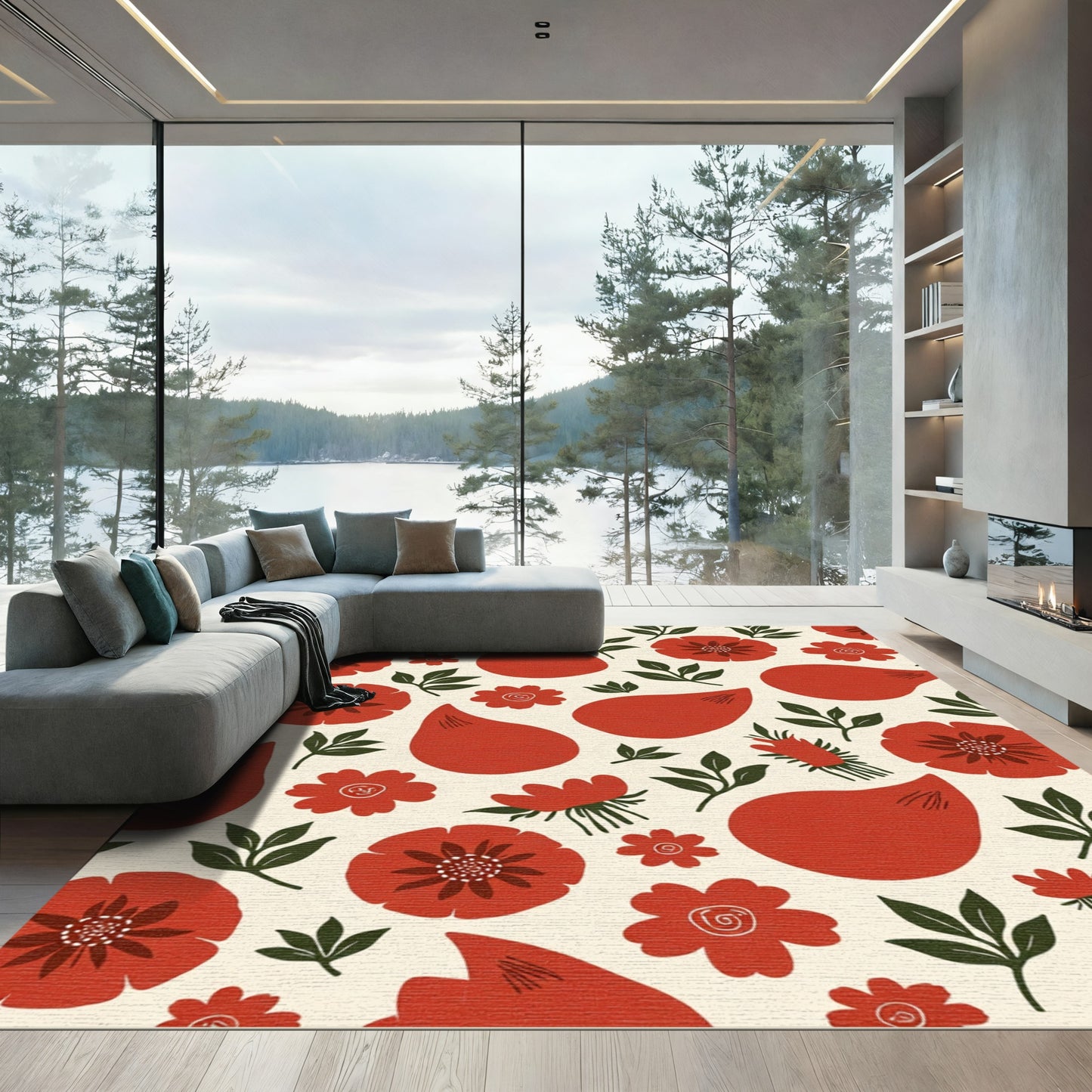 Crimson Floral Leaf Arrangement Rug