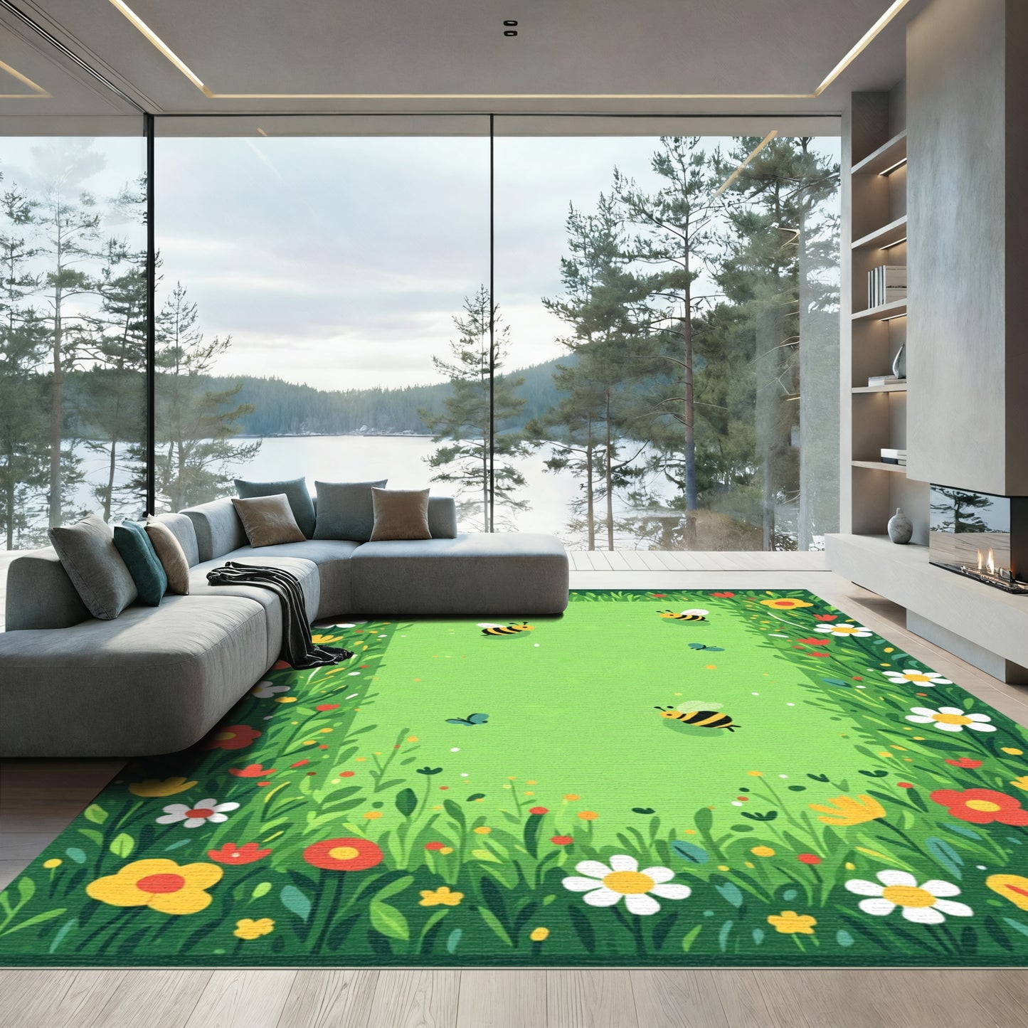 Whimsical Blooming Meadow Bee Garden Rug