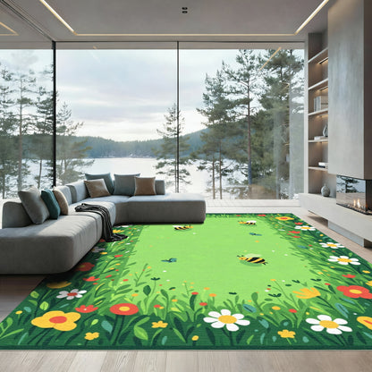 Whimsical Blooming Meadow Bee Garden Rug