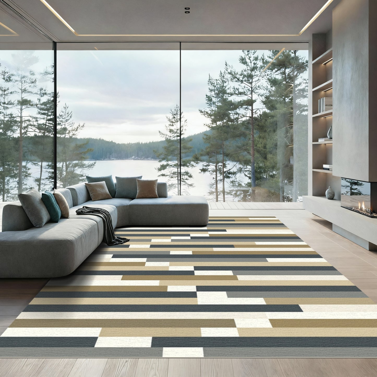 Contemporary Beige Gray Stripe Composition Rug