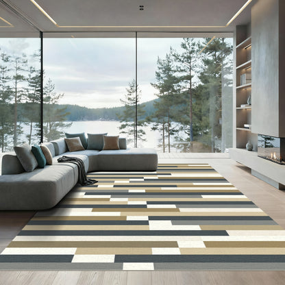 Contemporary Beige Gray Stripe Composition Rug
